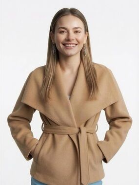 Love Tree Women's Camel/Tan Belted Collared pocket Mid-Length Coats